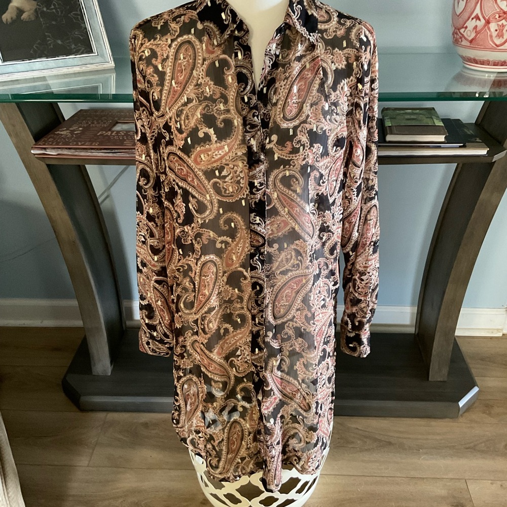 Womens Paisley Button-Front Tunic Blouse - Black & Brown
